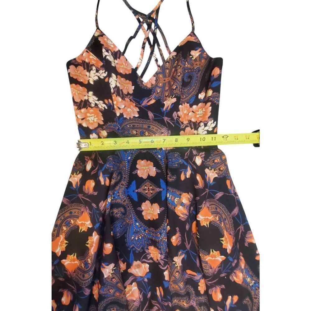 Women Bebe X Naven Black Floral Print Polyester Lined Cross Zip Back Dress Size - Picture 10 of 11